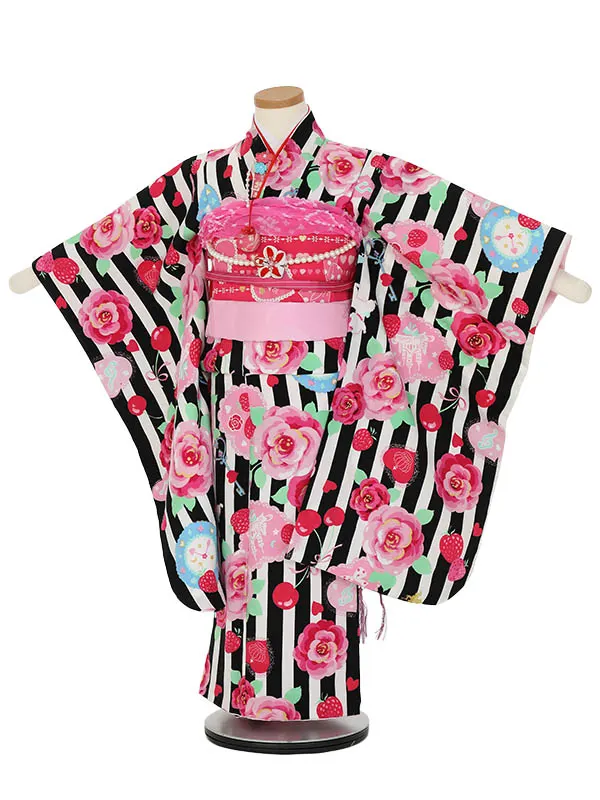 七五三レンタル(5歳女の子結び帯)H506 黒ストライプ 薔薇