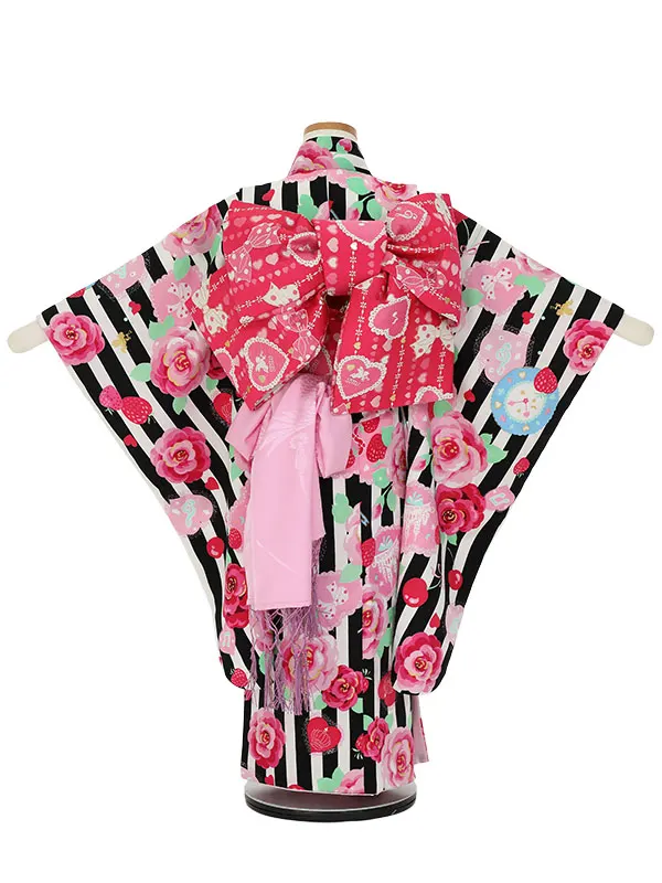 七五三レンタル(5歳女の子結び帯)H506 黒ストライプ 薔薇