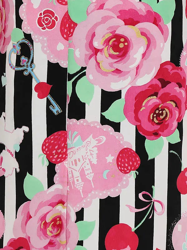 七五三レンタル(5歳女の子結び帯)H506 黒ストライプ 薔薇