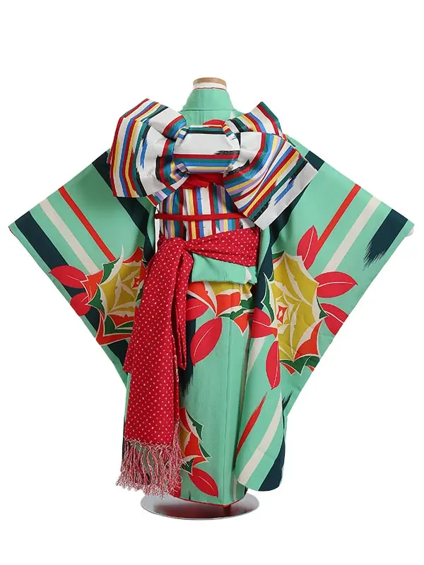 七五三レンタル(7歳女の子結び帯)H790  薔薇 変わりストライプ