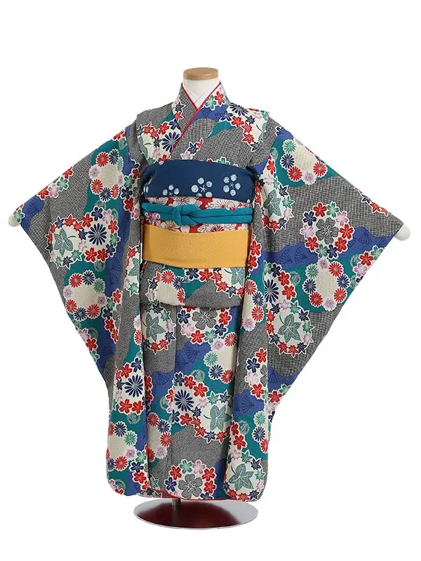 七五三レンタル(7歳女の子結び帯)H805 花の丸 四季の花々 モダン