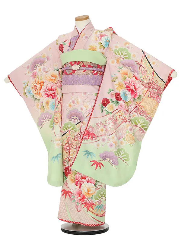 七五三レンタル(7歳女の子結び帯)H817 乙葉 薄ピンク×若草色