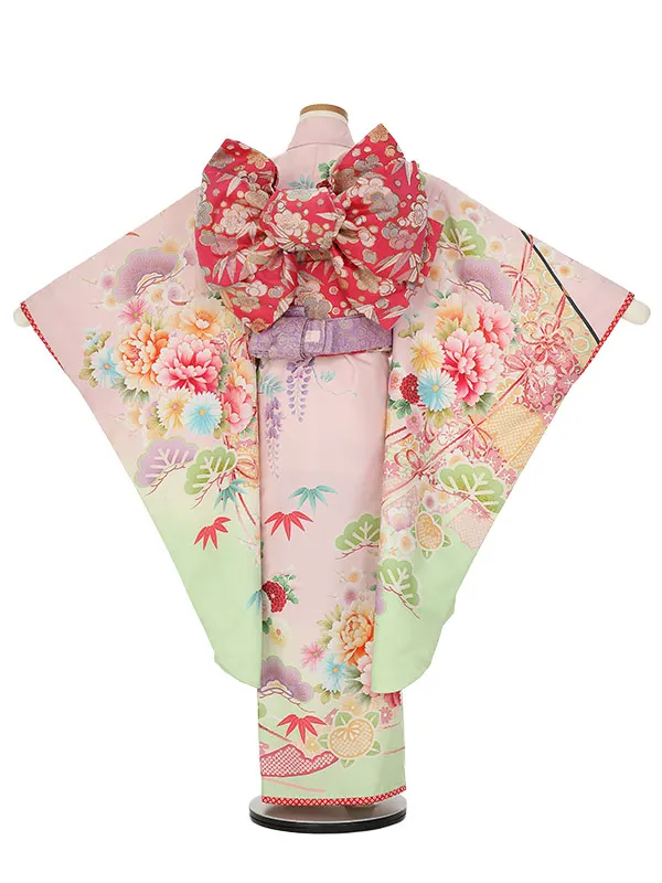 七五三レンタル(7歳女の子結び帯)H817 乙葉 薄ピンク×若草色