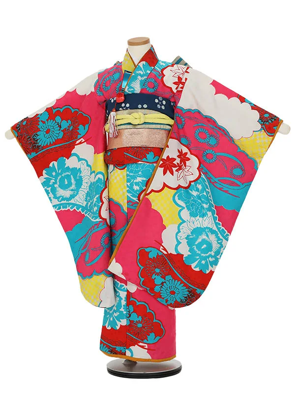 七五三レンタル(7歳女の子結び帯)H820 モダンアンテナ ピンク×赤 雲取柄