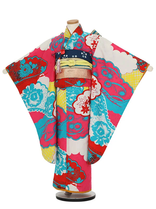 七五三レンタル(7歳女の子結び帯)H820 モダンアンテナ ピンク×赤 雲取柄