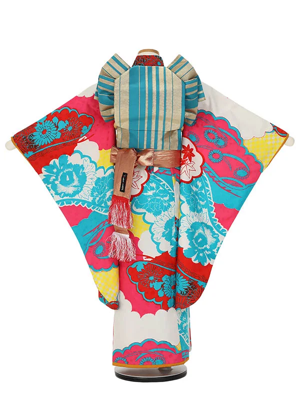 七五三レンタル(7歳女の子結び帯)H820 モダンアンテナ ピンク×赤 雲取柄