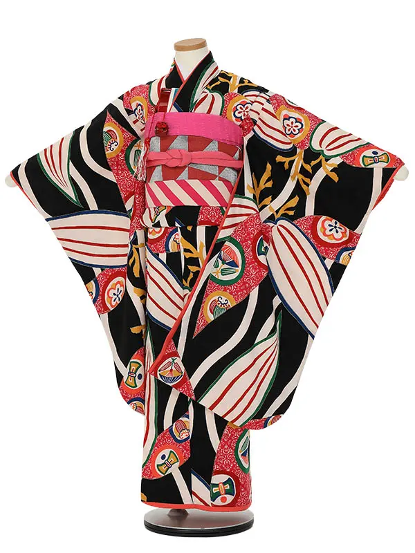 七五三レンタル(7歳女の子結び帯)H822 モダンアンテナ 黒