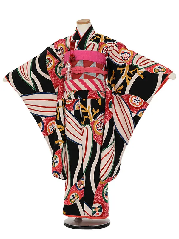 七五三レンタル(7歳女の子結び帯)H822 モダンアンテナ 黒