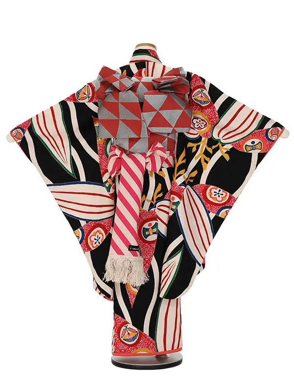 七五三レンタル(7歳女の子結び帯)H822 モダンアンテナ 黒