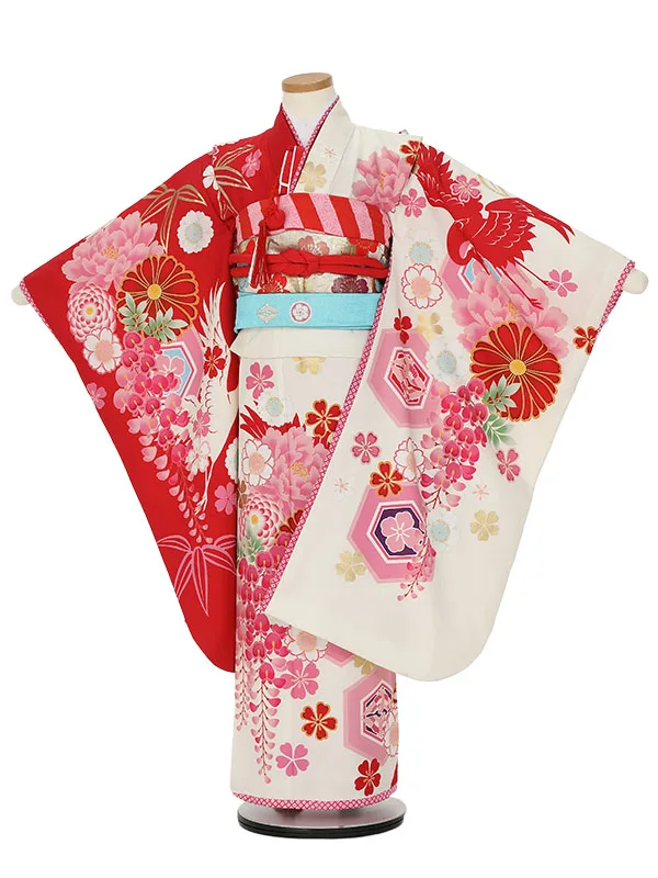 七五三レンタル(7歳女の子結び帯)H823 ジャパンスタイル 赤×白 亀甲鶴