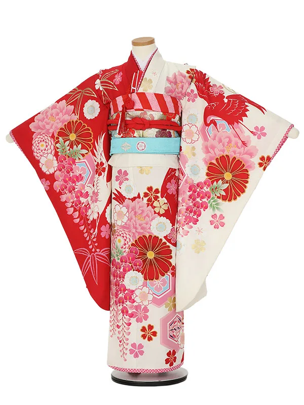 七五三レンタル(7歳女の子結び帯)H823 ジャパンスタイル 赤×白 亀甲鶴