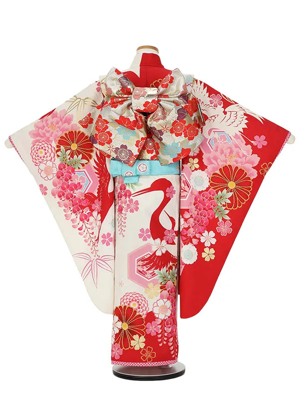 七五三レンタル(7歳女の子結び帯)H823 ジャパンスタイル 赤×白 亀甲鶴