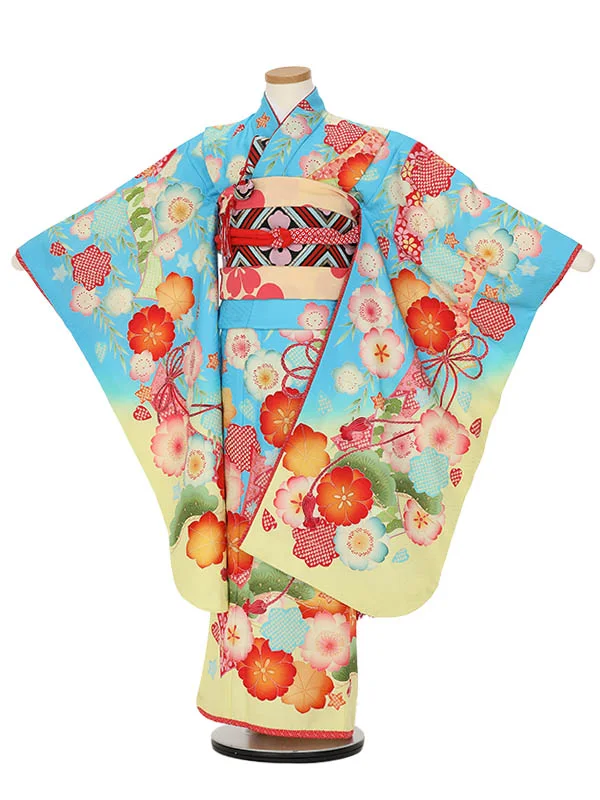 七五三レンタル(7歳女の子結び帯)H824 九重 水色地に花尽くし