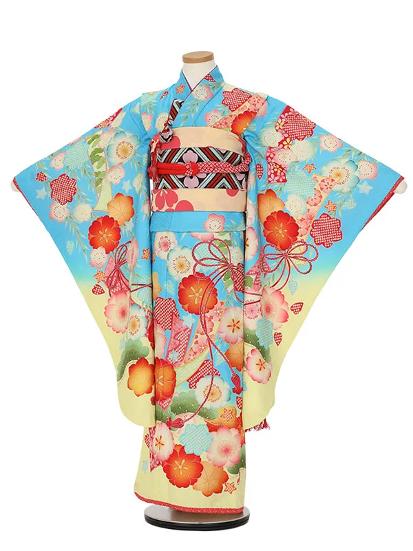 七五三レンタル(7歳女の子結び帯)H824 九重 水色地に花尽くし