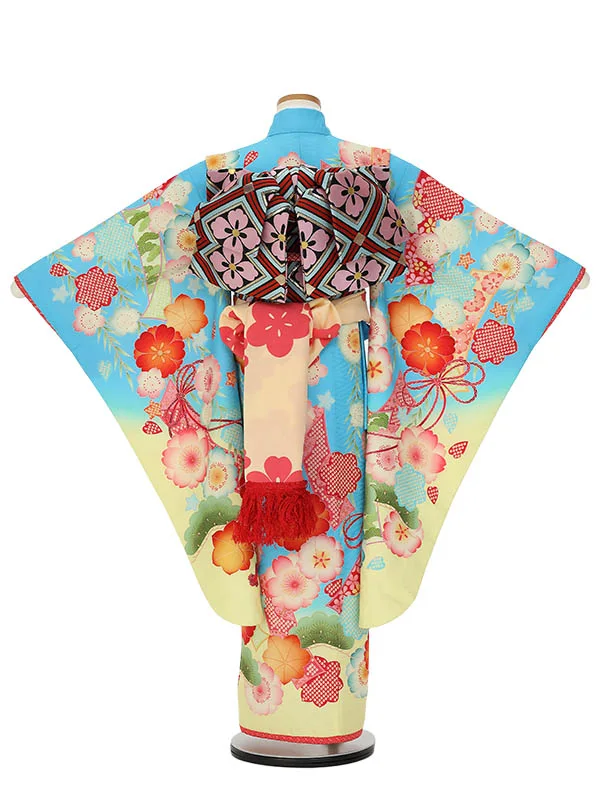 七五三レンタル(7歳女の子結び帯)H824 九重 水色地に花尽くし