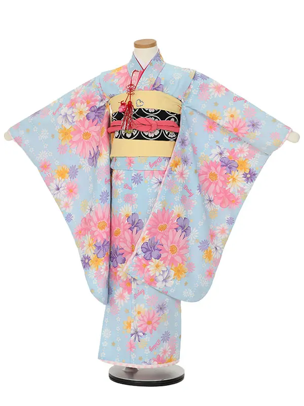 七五三レンタル(7歳女の子結び帯)H825 水色 ガーベラにハイビスカス