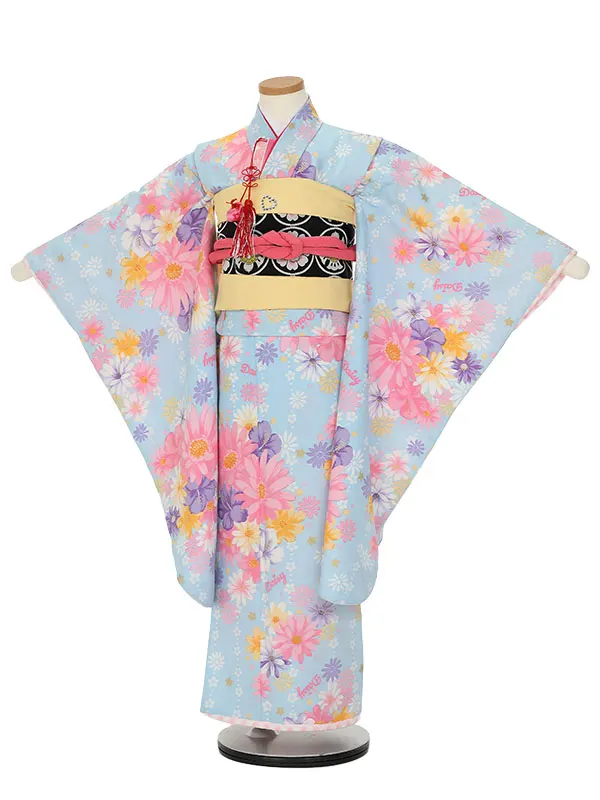七五三レンタル(7歳女の子結び帯)H825 水色 ガーベラにハイビスカス