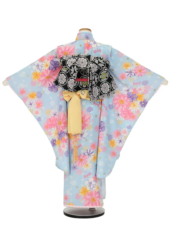 七五三レンタル(7歳女の子結び帯)H825 水色 ガーベラにハイビスカス