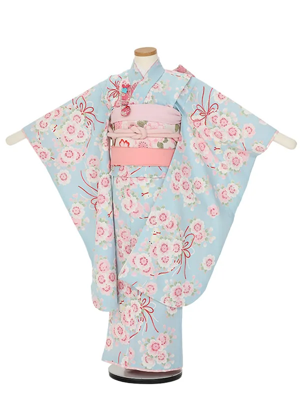 七五三レンタル(7歳女の子結び帯)H826 ポンポネット 水色桜