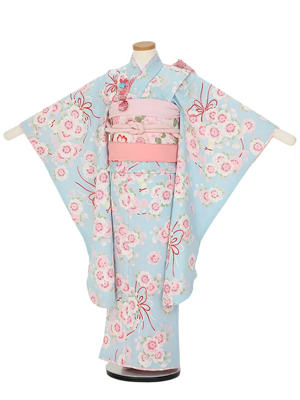 七五三レンタル(7歳女の子結び帯)H826 ポンポネット 水色桜