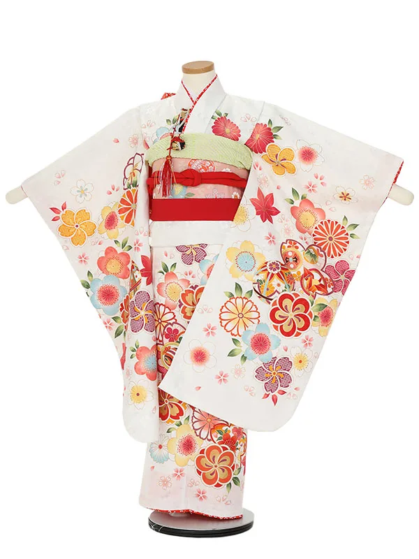 七五三レンタル(7歳女の子結び帯)H833 白地 花柄