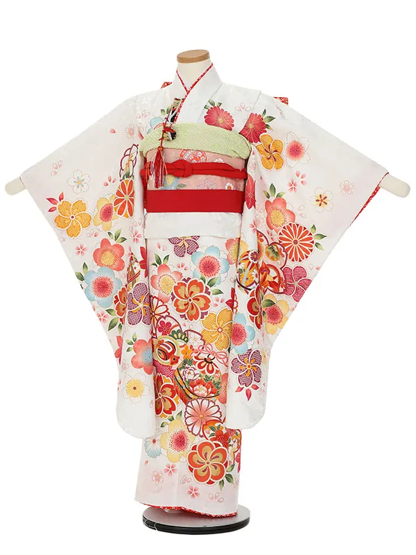 七五三レンタル(7歳女の子結び帯)H833 白地 花柄