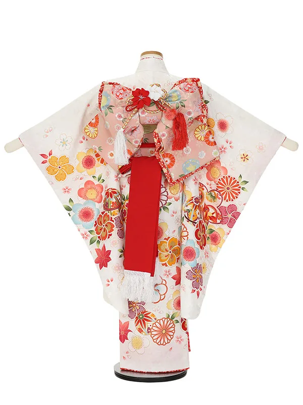 七五三レンタル(7歳女の子結び帯)H833 白地 花柄