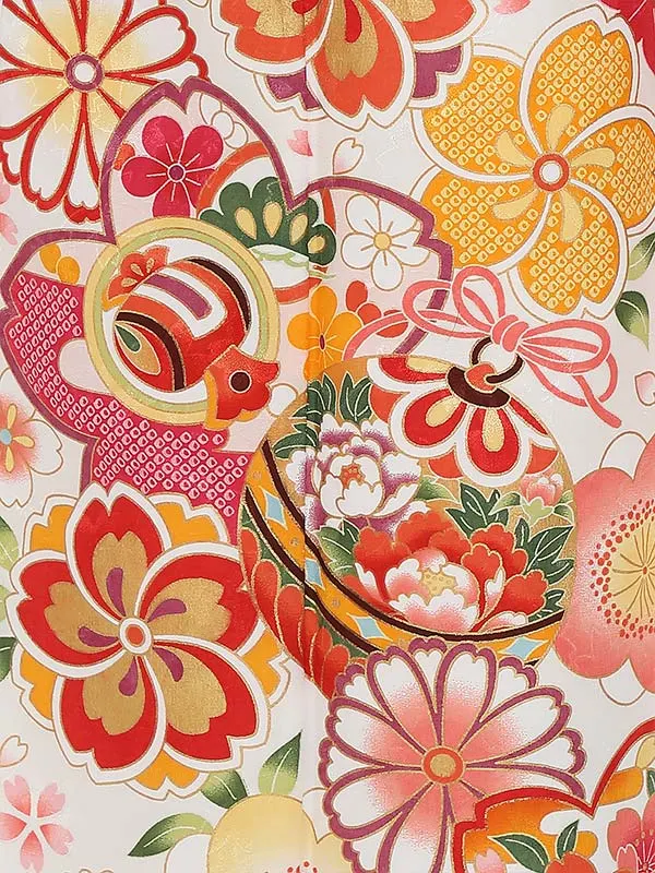 七五三レンタル(7歳女の子結び帯)H833 白地 花柄