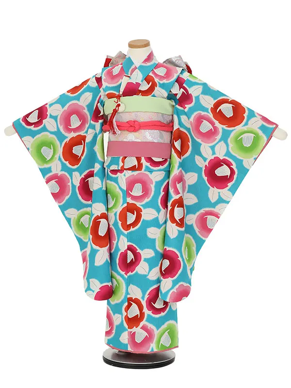 七五三レンタル(7歳女の子結び帯)H839 ターコイズブルー 椿