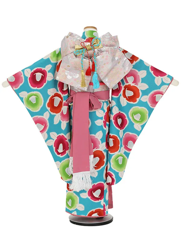 七五三レンタル(7歳女の子結び帯)H839 ターコイズブルー 椿