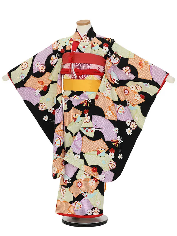 七五三レンタル(7歳女の子結び帯)H840 黒地 扇面