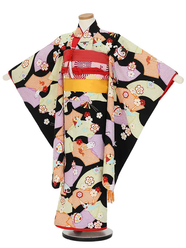 七五三レンタル(7歳女の子結び帯)H840 黒地 扇面