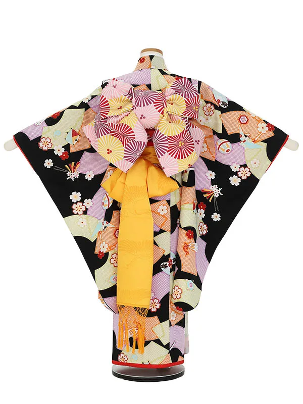 七五三レンタル(7歳女の子結び帯)H840 黒地 扇面