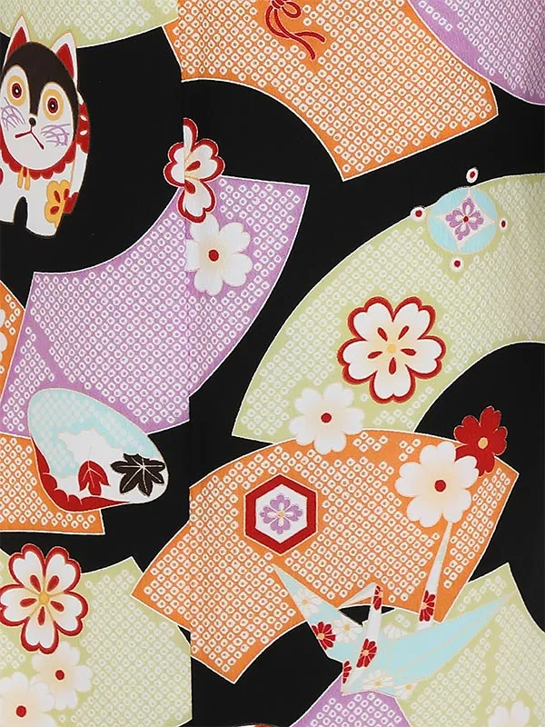 七五三レンタル(7歳女の子結び帯)H840 黒地 扇面