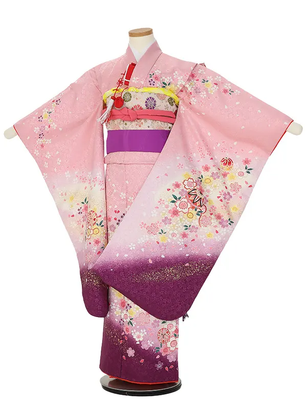 七五三レンタル(7歳女の子結び帯)H851 ピンク裾紫ぼかし 桜と鞠