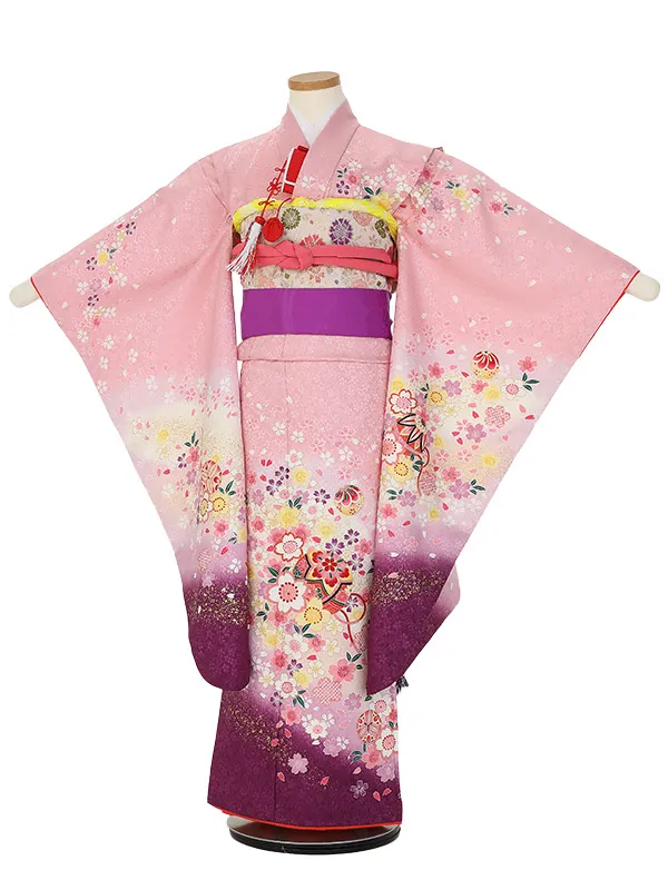 七五三レンタル(7歳女の子結び帯)H851 ピンク裾紫ぼかし 桜と鞠