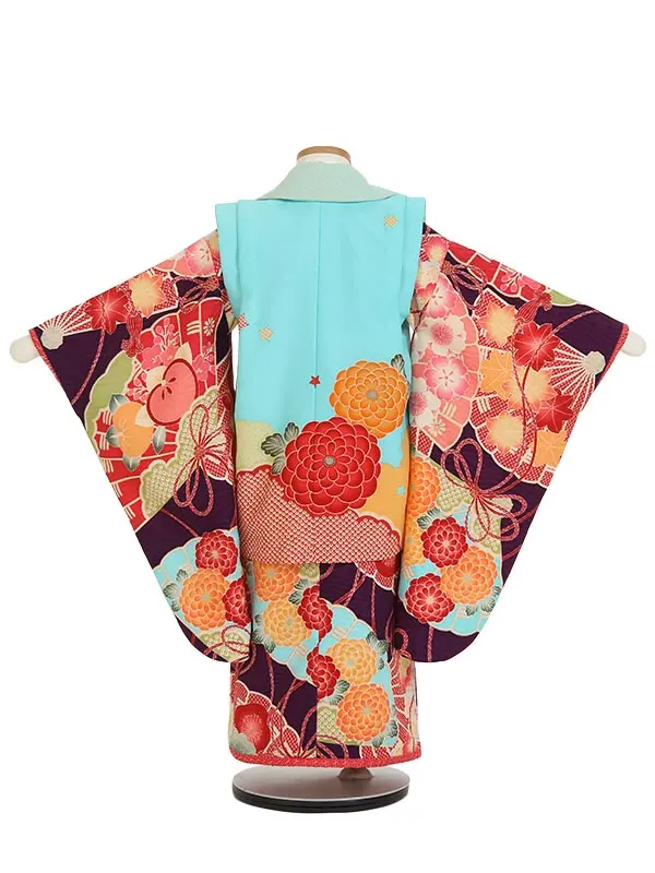七五三(3歳女被布)K364 水色×紫 菊に扇 四季の花