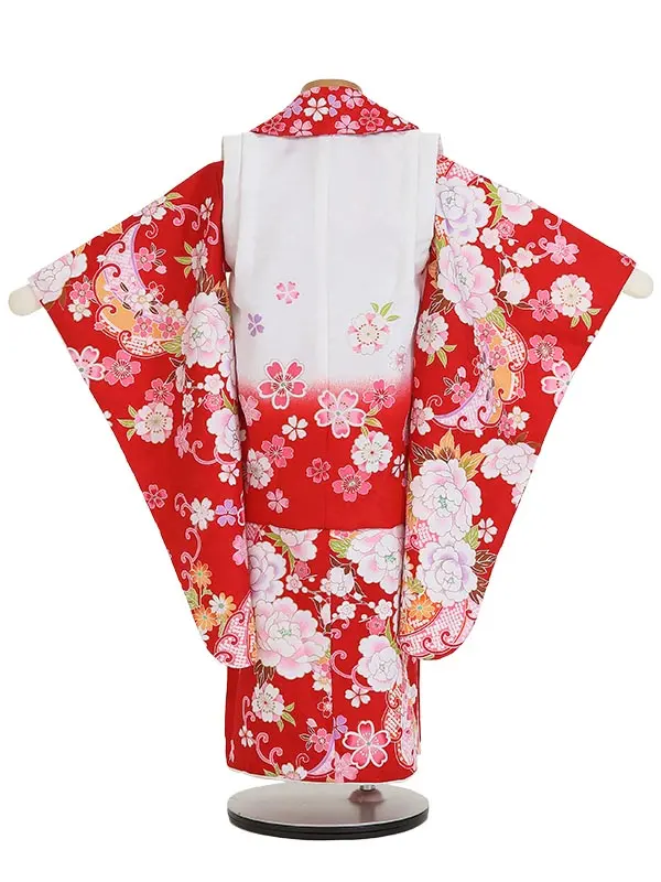 七五三(3歳女被布)K367 白×赤 牡丹に鞠