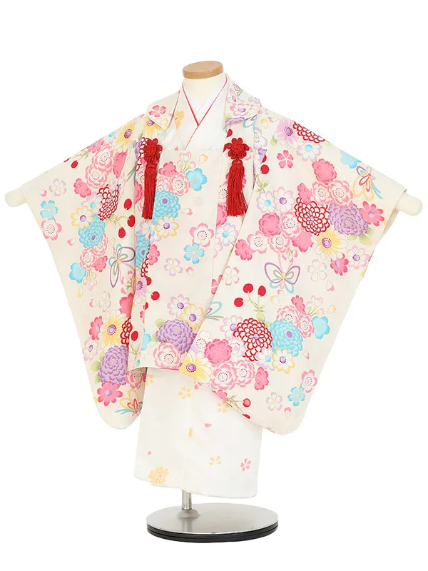 七五三(3歳女被布)K371 ベージュ被布コート 菊に桜