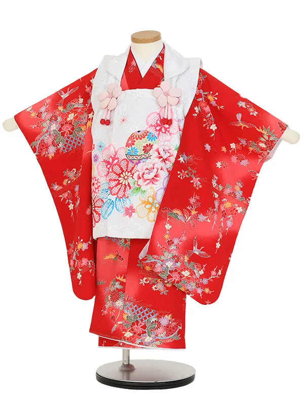 七五三(3歳女被布)K376 白×赤 四季の花々 牡丹 桜 菊 松