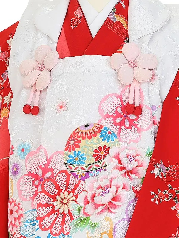 七五三(3歳女被布)K376 白×赤 四季の花々 牡丹 桜 菊 松