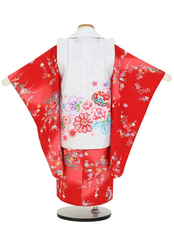 七五三(3歳女被布)K376 白×赤 四季の花々 牡丹 桜 菊 松
