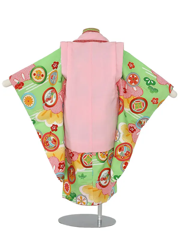 七五三(3歳女被布)N309 式部浪漫 花と松 ピンク×黄緑