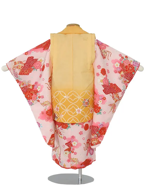 七五三(3歳女被布)N311 花うさぎ 桜 鞠 黄×ピンク