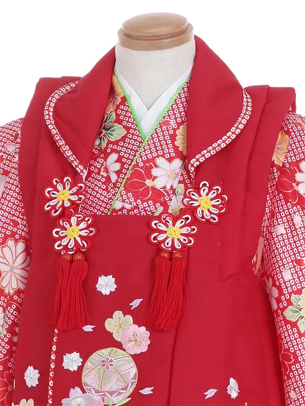 七五三レンタル(3歳女被布)N332 古典花柄 赤 鹿の子風