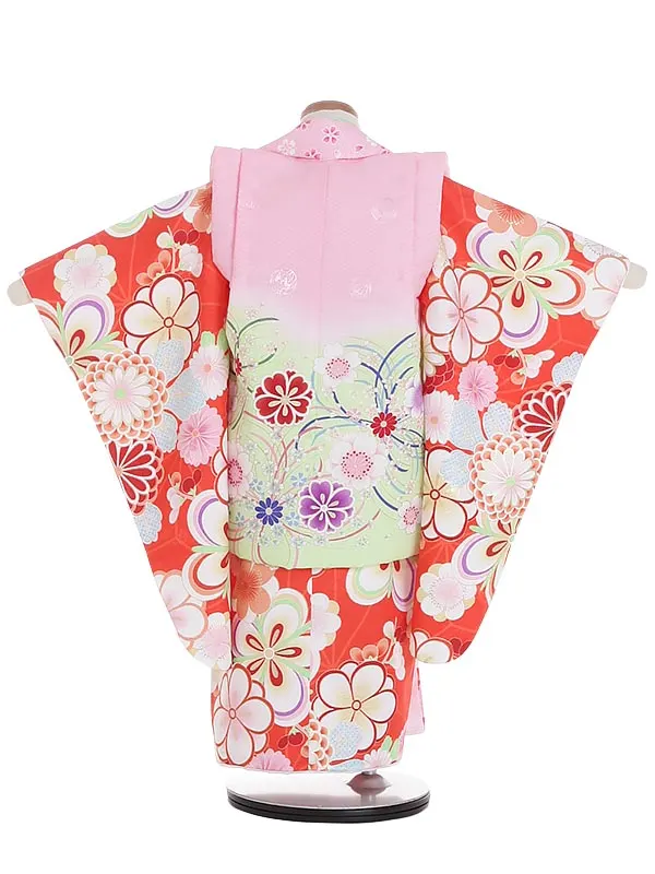 七五三レンタル(3歳女被布)Y333 しゃれっこ 古典花柄 黄緑ピンクぼかし被布