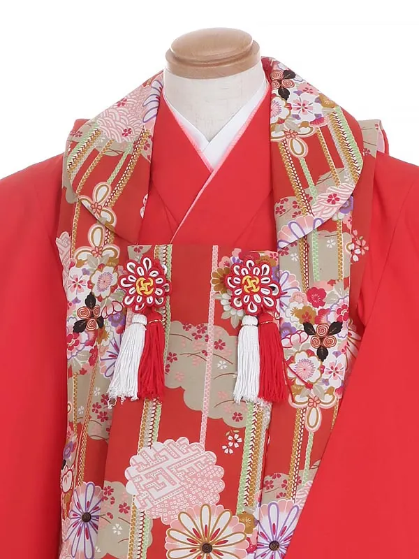 七五三レンタル(3歳女被布)Y340 花尽くし×赤無地