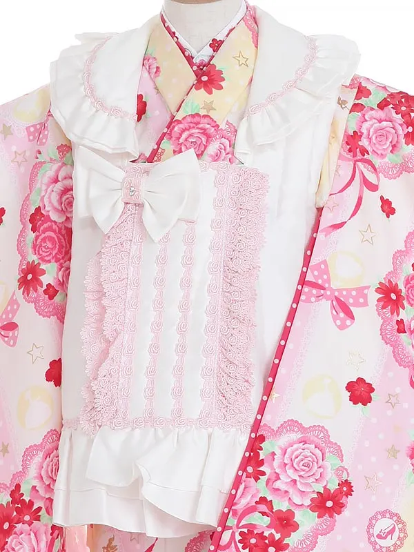 七五三レンタル(3歳女被布)Y348 松田聖子 白×ピンク 薔薇 メルヘン