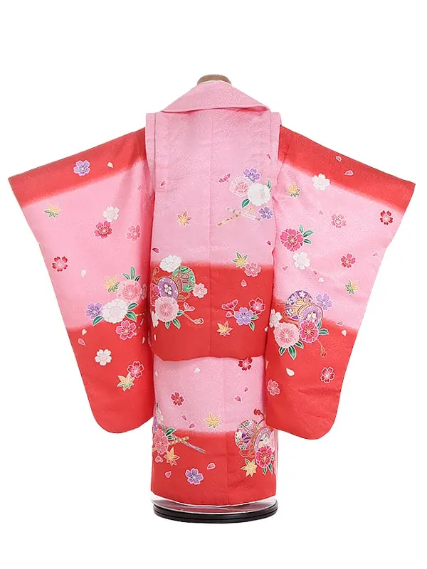 七五三レンタル(3歳女被布)Y349 陽気な天使 桜に鼓 赤ピンクぼかし