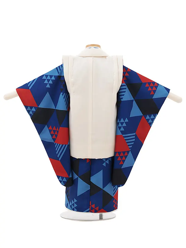 七五三レンタル(3歳女被布)Y368 ベージュ×青 幾何学模様